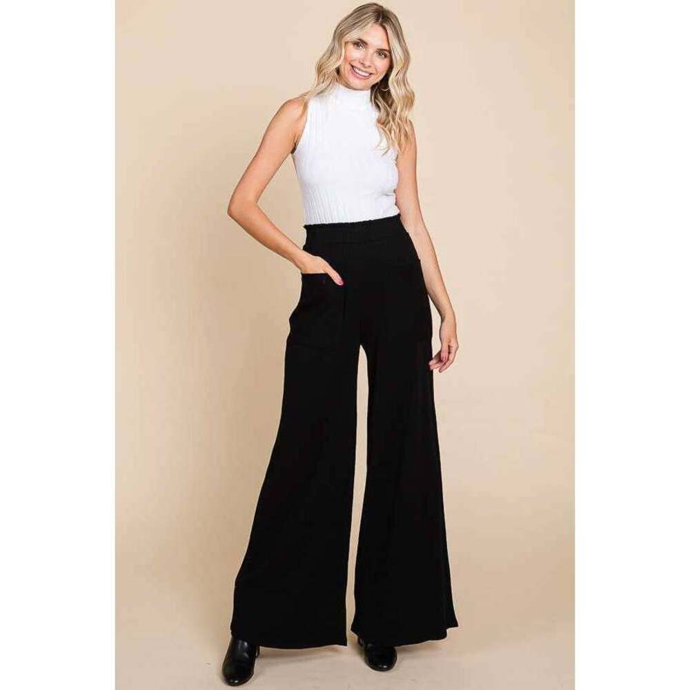 The Riley- Ruched Ribbed Wide Leg Pants with Front Pockets in Black
